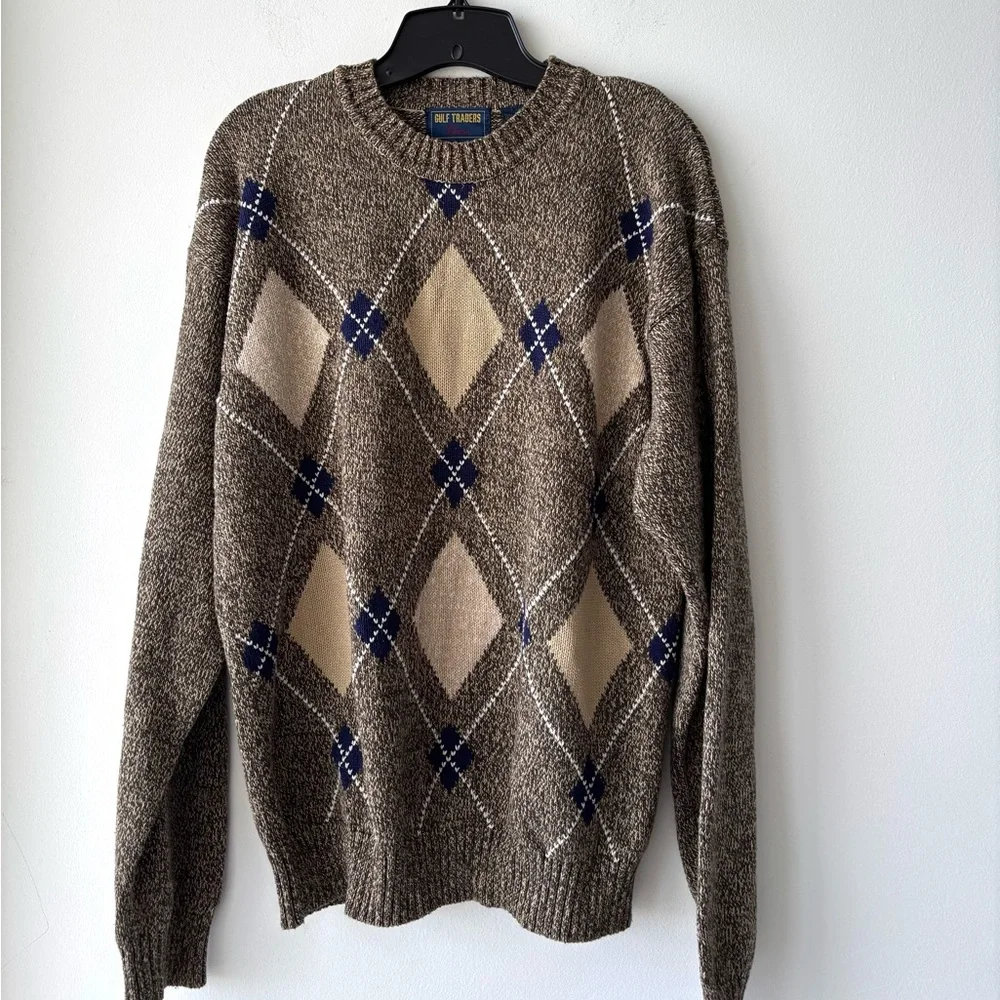 VTG Gulf Traders Sweater Brown Argyle Cotton Mens M Grandpa Preppy Professor